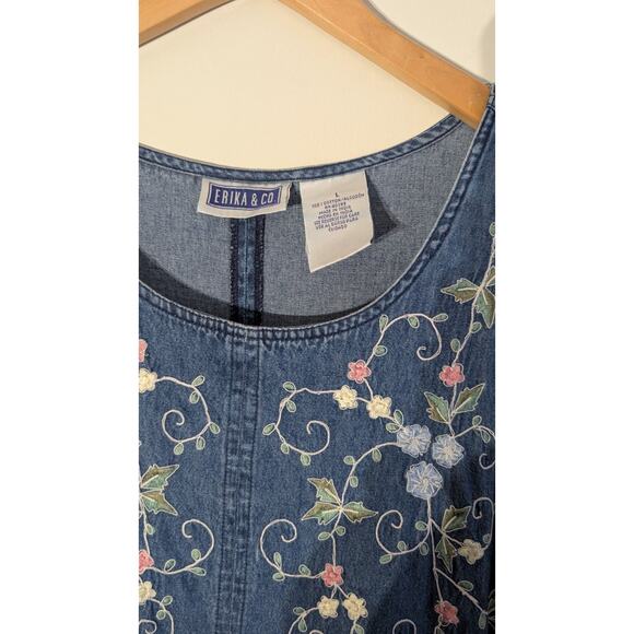 Erika & Co Womens Vtg Denim Embroidered Jumper Dress L Cottagecore Prairie Midi - Picture 5 of 7